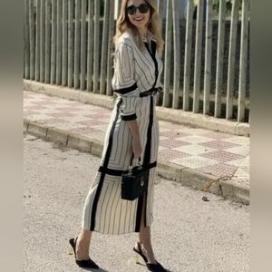 Zara Long Striped Shirt Dress ECRU Size S